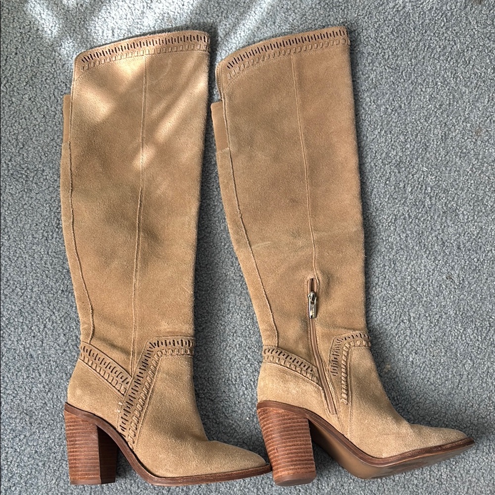 Vince Camuto Tan Suede Heeled Boots with Western Flair